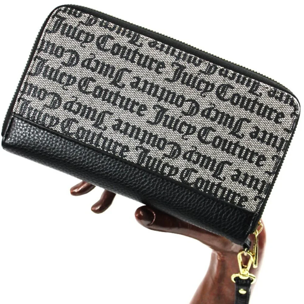 Juicy Couture Signature Monogram Zip-Around Wristlet Wallet Black & Gold Logo
